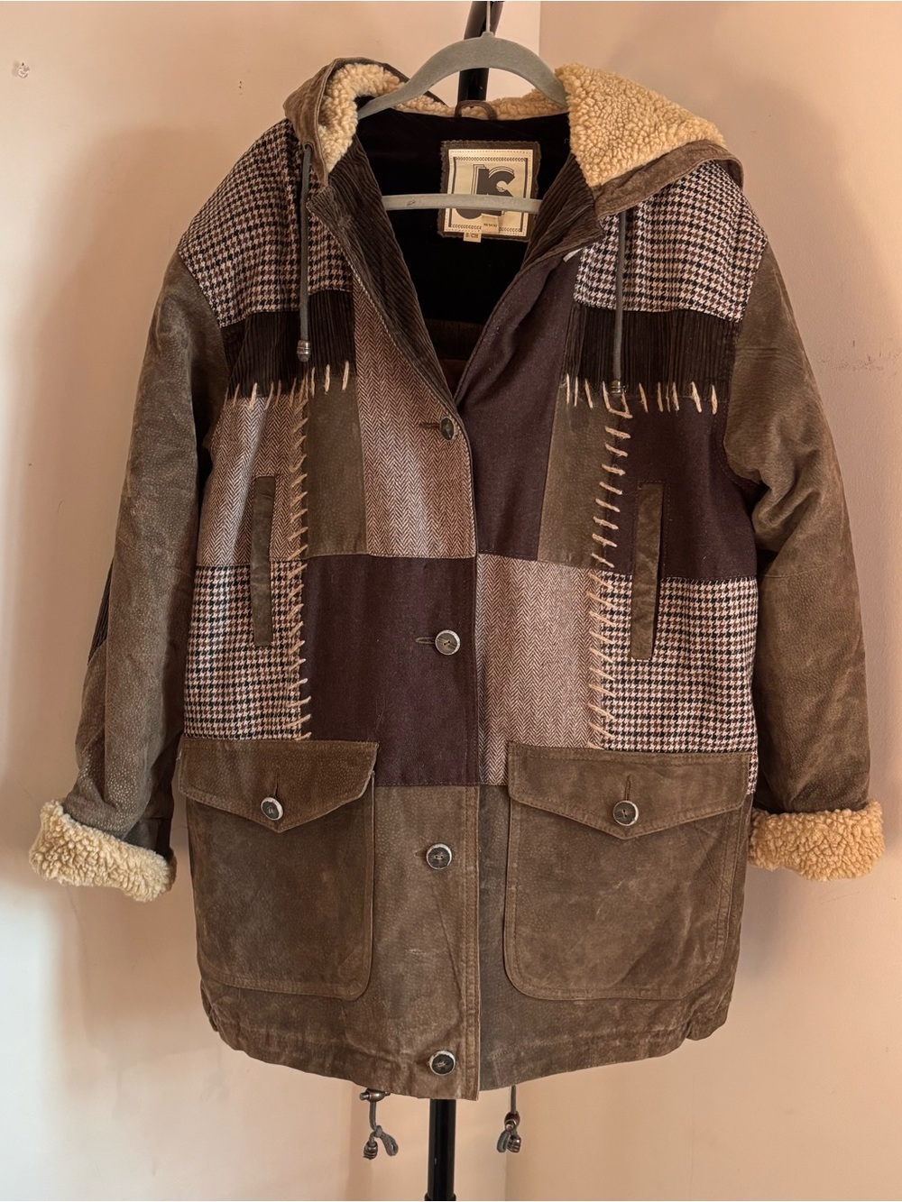 Vintage Patchwork Suede Leather Wool Jacket Womens Brown Hooded Sherpa Lined